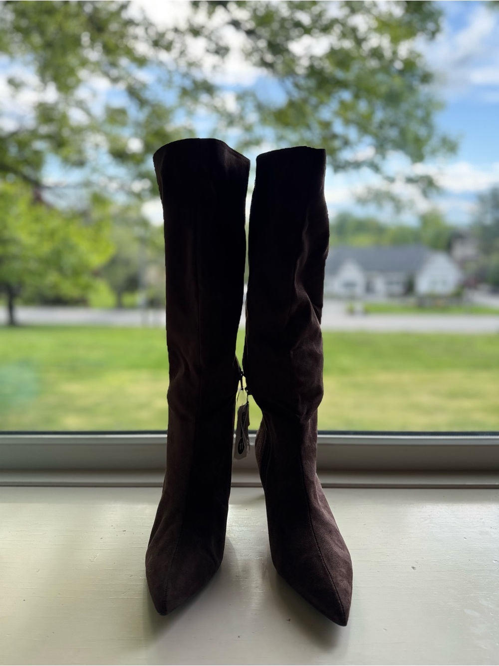 Women's Dark Brown Suede Pointed-Toe Knee Boots